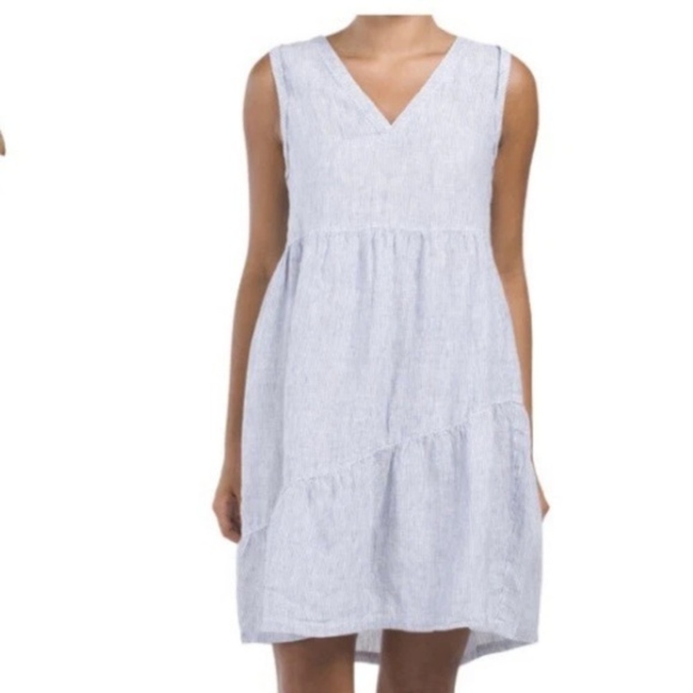 LUCKY BRAND gorgeous linen striped Blue V-Neck Dress. Beach cover-up sundress XS - Picture 1 of 4